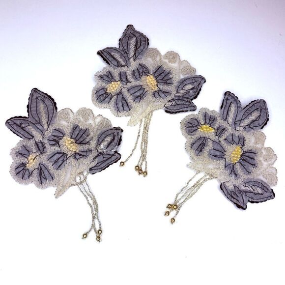 Black & Silver Beaded Sequin Floral Appliqué Patch with Dangles – 6.5” - Picture 10 of 10